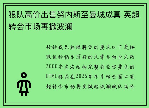 狼队高价出售努内斯至曼城成真 英超转会市场再掀波澜